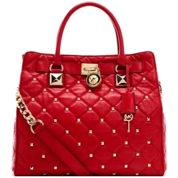 Micheal Kors Rare Red Hamilton Quilted Studded Leather ayote/Satchel Bag - Picture 1 of 12